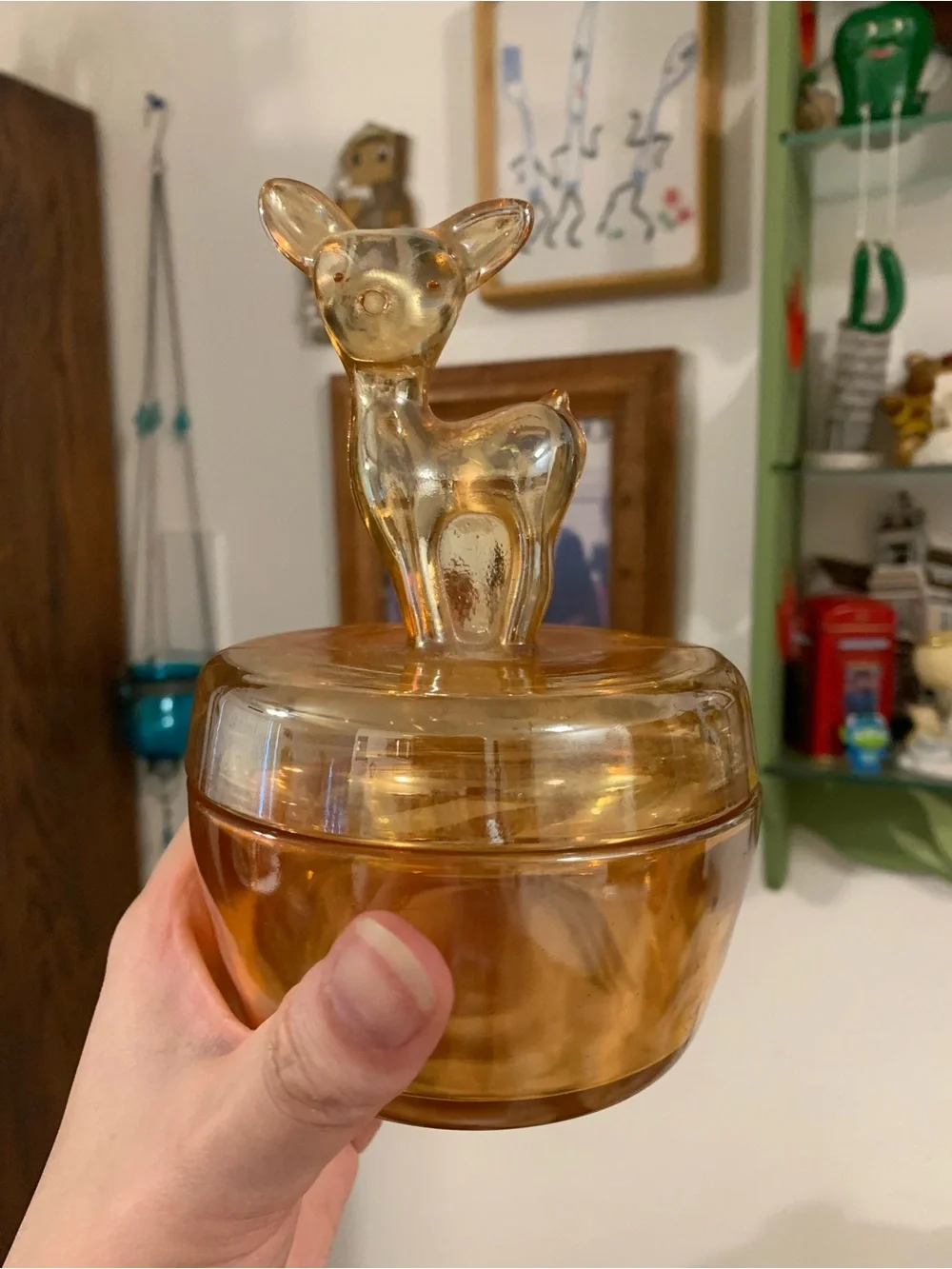 Vintage fawn trinket dish carnival glass 1940s